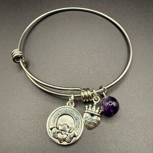 Claddagh Silver Tone Bangle Bracelet with Purple Bead and Love Rules Charm